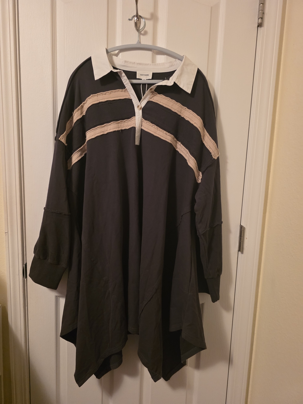 HEYSON Relaxed Dark Gray Polo Tunic with Cream Stripe Accents 3xl